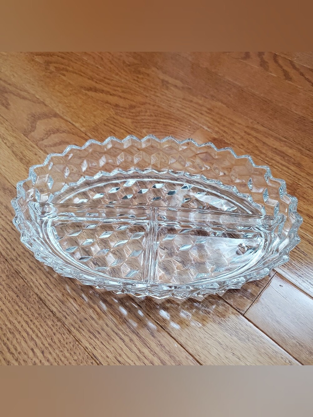 Fostoria American Cubist Crystal Three Divided Oval Serving Bowl 10.25x7x2"